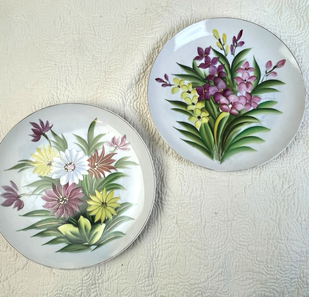 Vintage Floral Plates Wall Hanging 10" Hand Painted Ceramic Home Decor Cottage